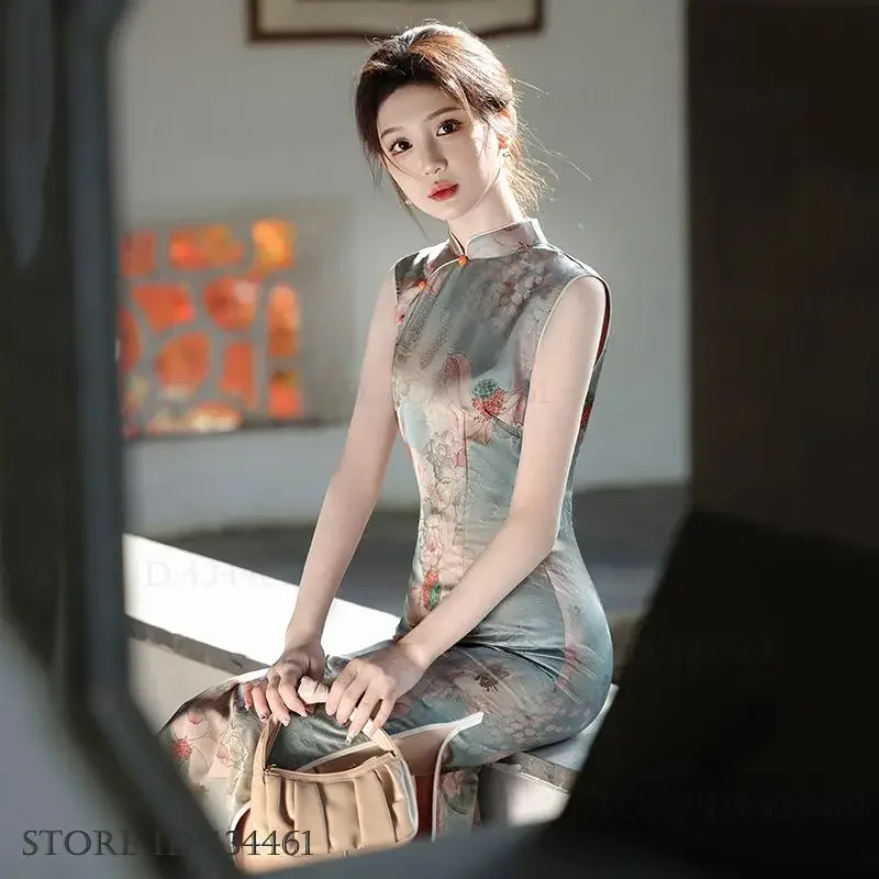 

Women's Sexy Formal Rayon Qipao Elegant Print Lotus Female Long Cheongsam Traditional Chinese Dresses Vintage Classic Vestidos