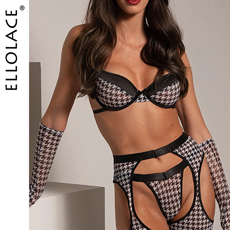 

Ellolace Fancy Erotic Lingerie For Full Sexy Adult Plaid Patchwork Thongs Hilitos Underwear 5-Piece with Gloves Garter Belt Set
