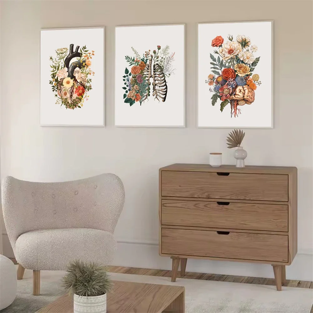 Vintage Human Anatomy Heart Lung Brian Posters Wall Art Canvas Painting Medical Print Plant Floral Wall Pictures Clinic Decor view 3