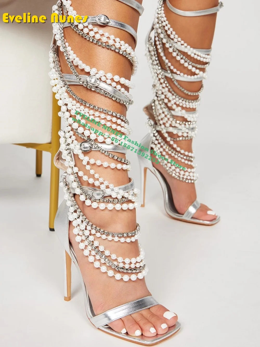 Pearl Rhinestone Chain Cross-Strappy Sandals Square Toe Stiletto Buckle Strap Internal Zip Closure Luxury Shoes Party Dress 2024