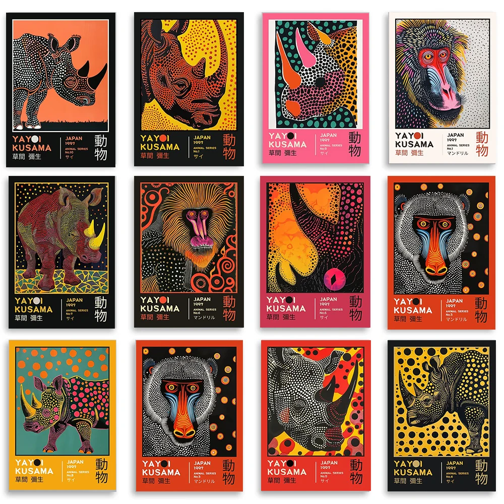 Yayoi Kusama Animal Art Poster - Rhinoceros & Monkey Print Frameless Home Wall Decoration Artwork