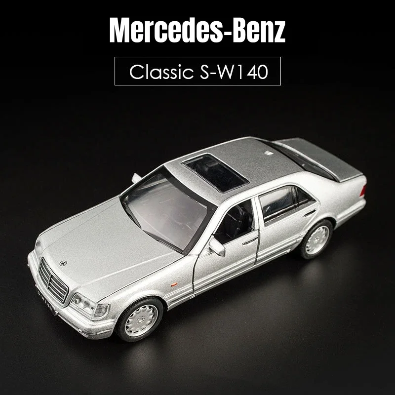 Mercedes-Benz W140, modelo de coche de juguete clásico, aleación fundida, sonido y luz en miniatura, regalo de colección 1:32 para niño y niño, 1/32