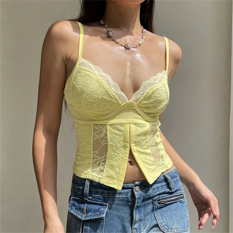 Y2K V-neck Bustier Top Vintage Lace Trim Backless Crop Top Women Slim Fit Low Cut Camisole Kamizelki Trendy Fairycore Coquette Tanks