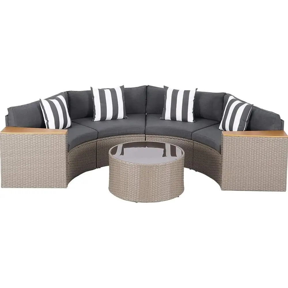 

Half-Moon Wicker Outdoor Sectional Set with Glass Coffee Table for Patio, Garden, Backyards, and Pools (Grey)