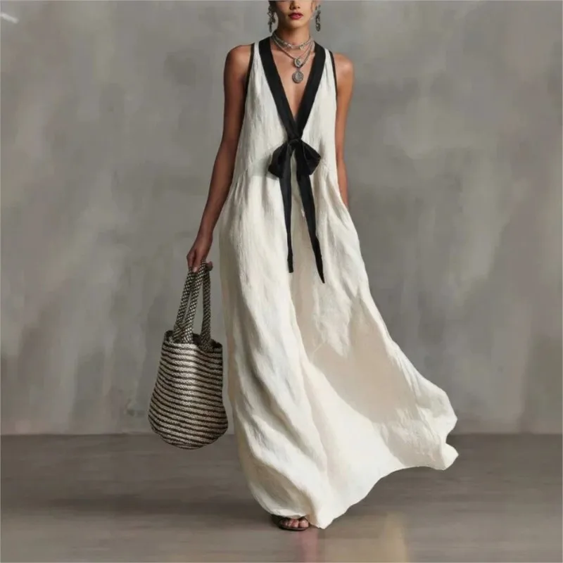 Boho Women's Maxi Tank Dress 2026 Summer New  Fashion Elegant Colorblock Deep V-neck Sleeveless Lace-Up Loose Dresses For Women