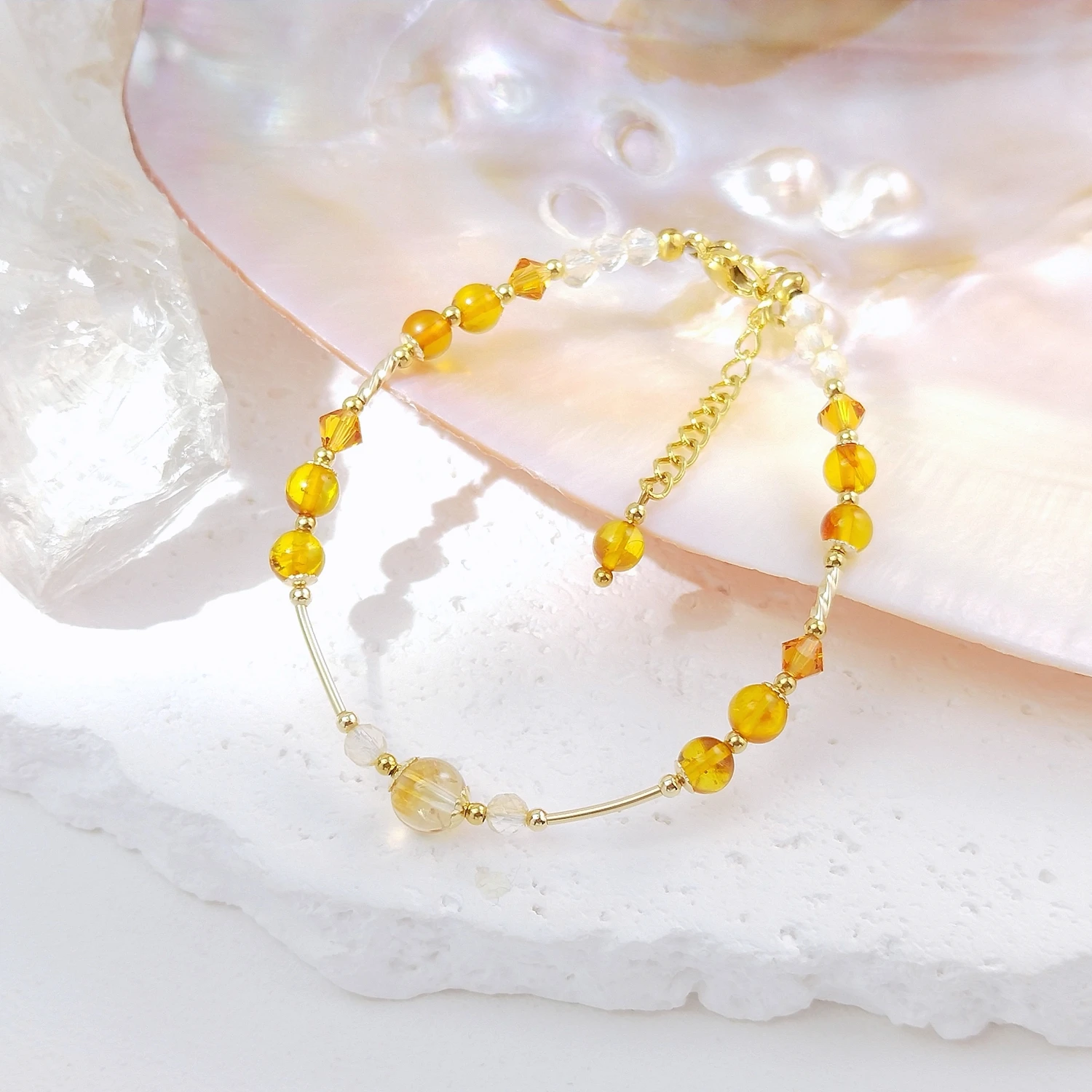 Lii Ji Natural Stone 4mm Amber Citrine With Crystal Stainless Steel American 14K Gold Filled Bracelet 16.5+3cm