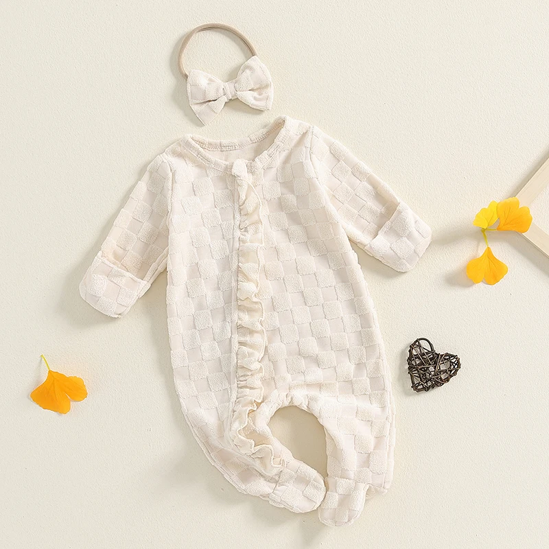 Newborn Girl Outfit, Frill Trim Long Sleeve Fleece Footed Jumpsuit Bow Headband 2 Piece Set for Fall Winter