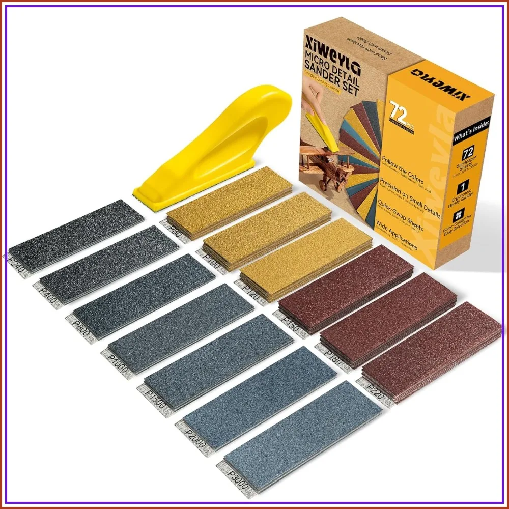 

72PCS Premium Sandpaper Set with Ergonomic Hand Sander, 13 Grit Levels 80-3000, Color-Coded for Wood, Crafts, DIY & Furniture