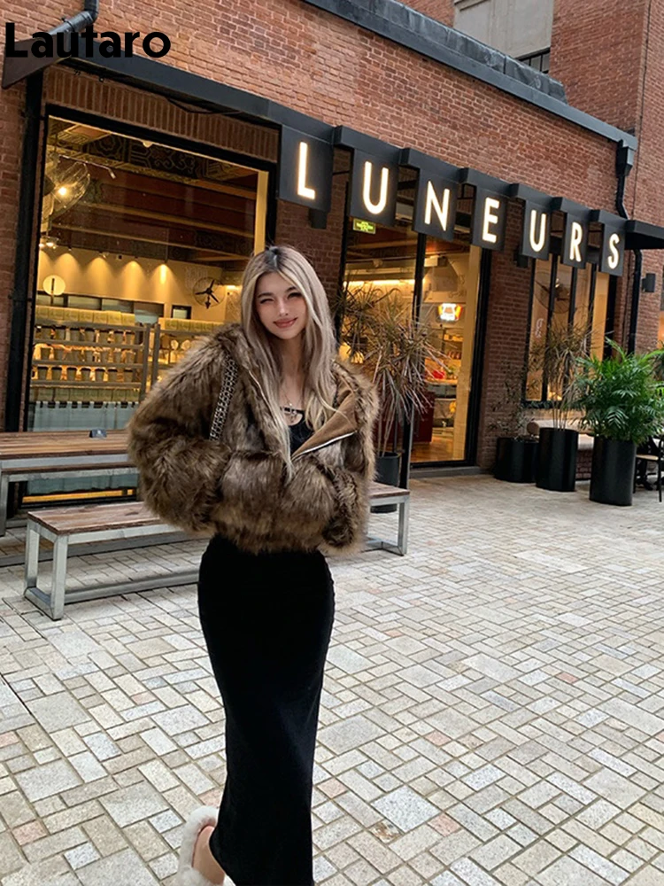 Lautaro Autumn Winter Chic Luxury Short Soft Thick Warm Hairy Shaggy Faux Fur Coat Women with Hood Zipper Fluffy Jacket 2024