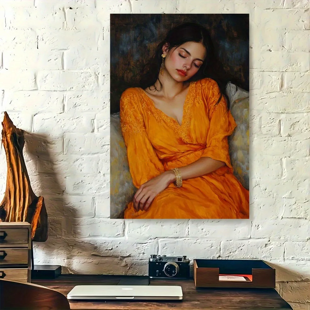 

Vintage tin sign, 2D flat art of elegant woman in yellow dress. Modern retro design, high-quality print. Perfect for living room