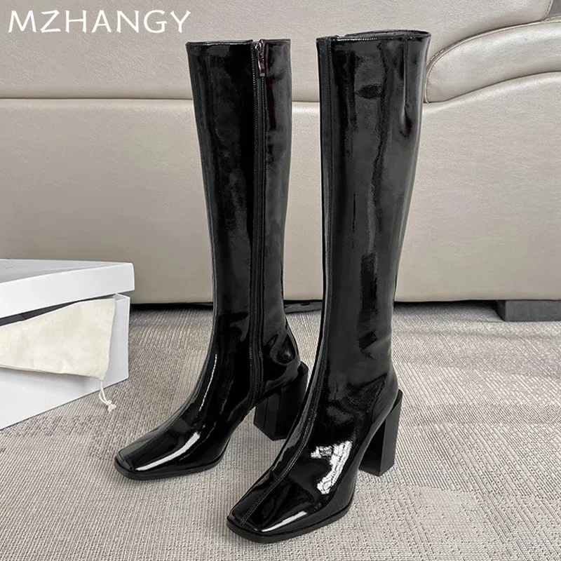 Botas altas de tacón alto para Mujer, zapatos gruesos de cuero con punta cuadrada, tendencia 20225, Botas Chelsea para fiesta de invierno, zapatos de tacón sexis nuevos para Mujer