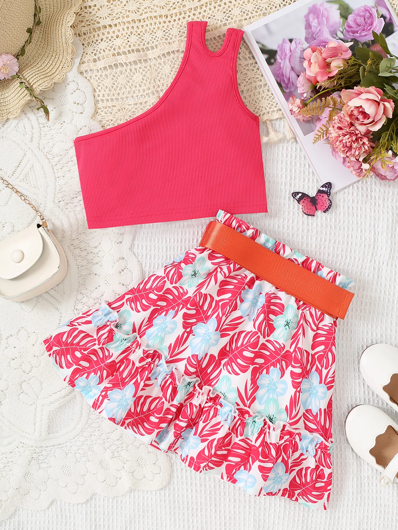 Girls Fashion Summer Clothing One Shoulder Vest Top & Ruffled Skirt with Belt Tropical Print Children's Clothing