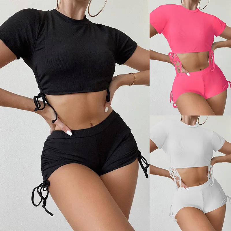 

Women Sporty Bikini with Shorts Modest Fashion Two Piece Swimsuit Short Sleeve Split Swimwear Stylish Beachwear Summer Vacation