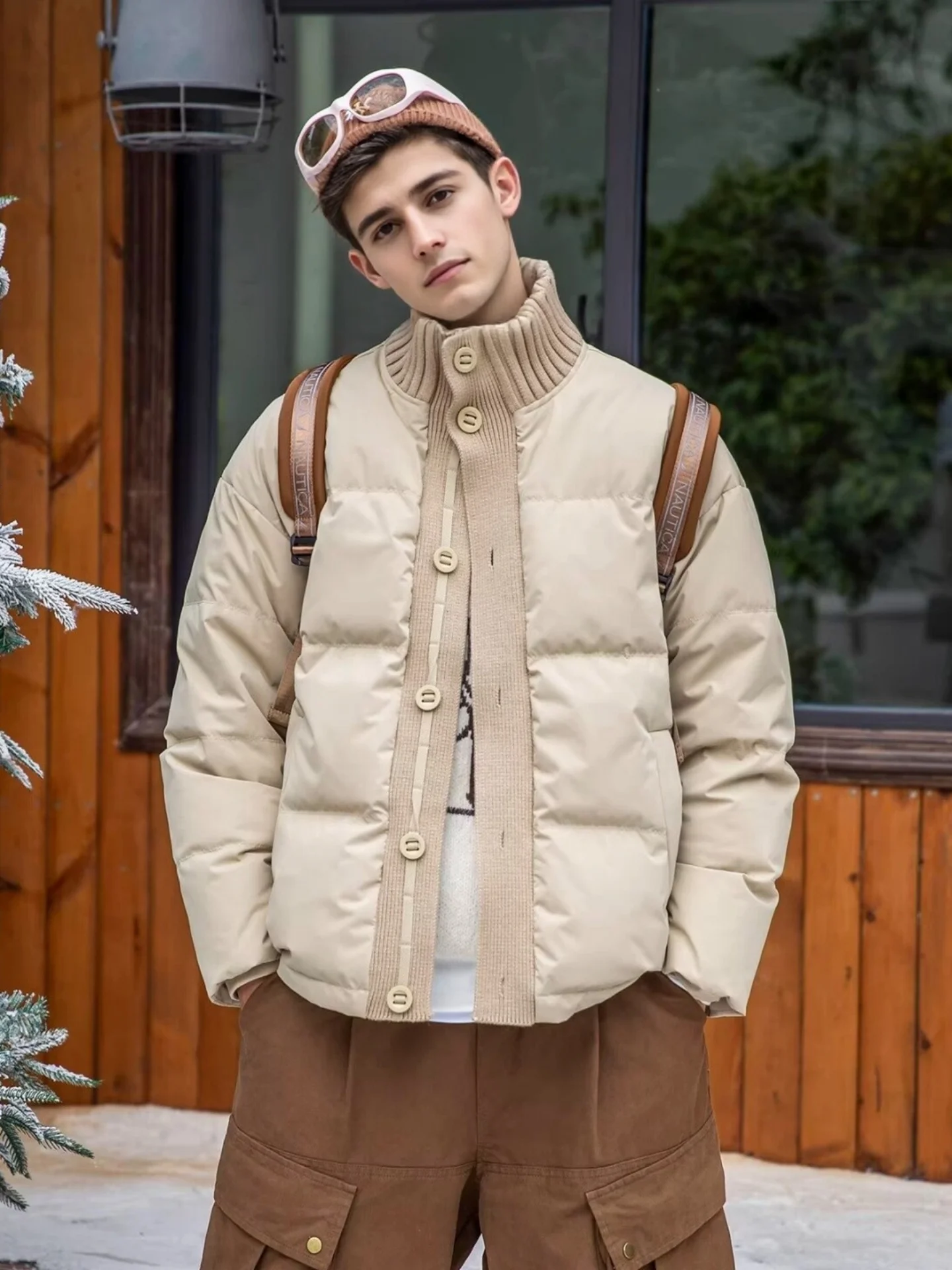 

Men's down Cotton Jaet Loose Fit Warmth Collar Design Patchwork Winter Outerwear Youth Faion Stand Size Polyester