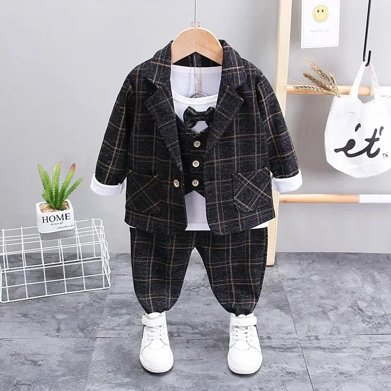 

Autumn Children Cotton formal Clothes Baby Boys Shirts Plaid wedding coat Pants 3Pcs/sets Out Kids Toddler Clothing party cloth