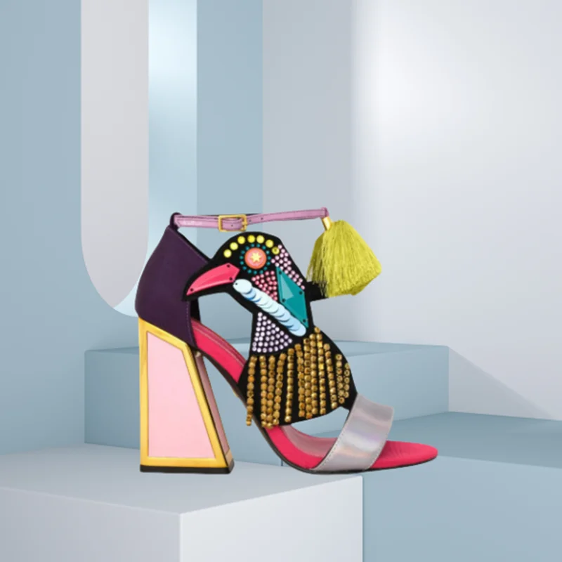 Mixed Color Crystal Decor Totem Sandals Cover Heel Strange Style Chunky High Heels Women Summer Fashion Shoes Zapatillas Mujer
