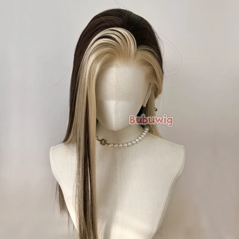 Bubuwig Synthetic Hair Lace Wigs Hand Hook 13×4 60cm Long Straight Blonde Mixed Brown Lace Front Cosplay Wig Heat Resistant