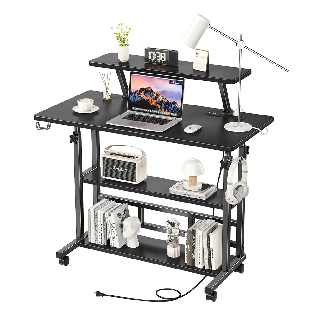 

Adjustable Height Standing Desk With Power Outlets, Rolling Stand Up Desk With Monitor Stand And Storage Shelves, 31.5"" Small