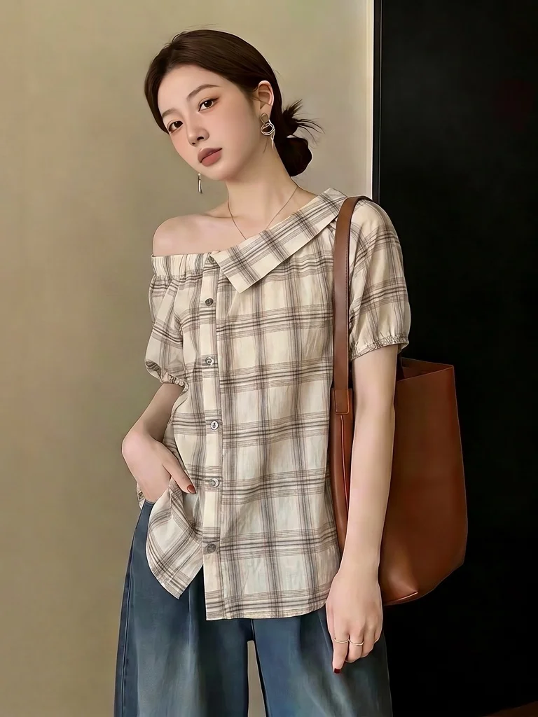 

Slimming Plaid Short Sleeve Shirt Women's Design Shoulder Bared Midi Top Korean Style Commute Fashion plus Size Breathable