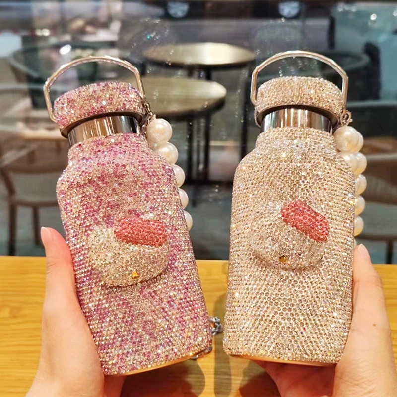 

Portable Thermos Mug with Rhinestone Chains Pearls for Student Women 304 Stainless Steel Insulated Flask Hot Water Bottle 350ml