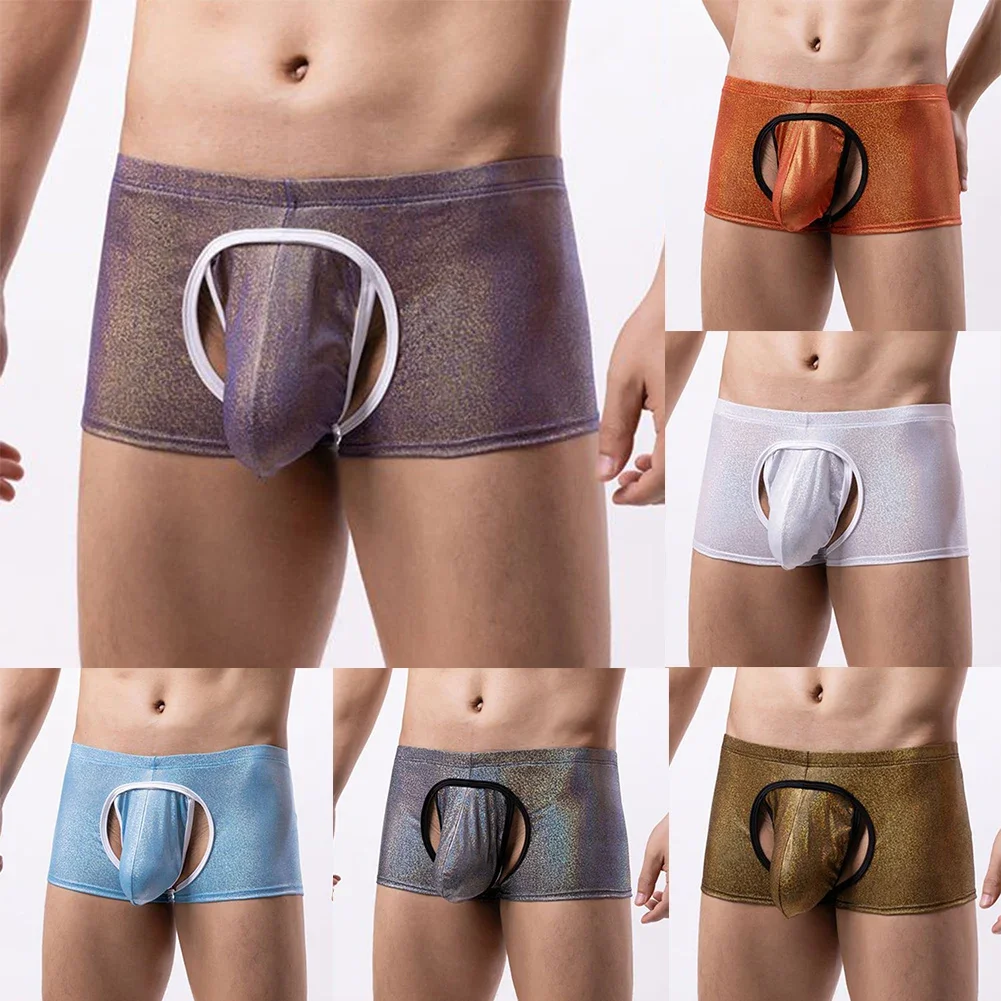 Sexy Men Boxer Stretch Soft Briefs Shiny Panties Low Rise Hollow Out Gay Sissy Bulge Pouch Underwear Open Exposed Butt Lingerie