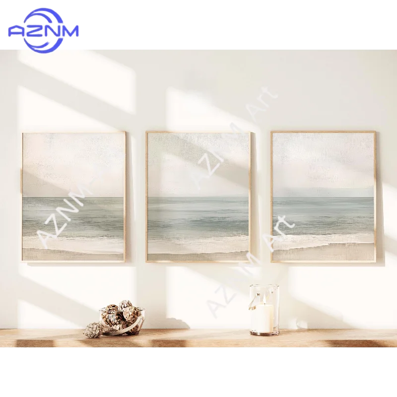 1/3 Stück Salbeigrün Blau Marineblau Beige Türkis Beruhigende Digital-Download Druckbare Wandkunst Heimdekoration Ozeanwellen Küsten-Triptychon-Kunst