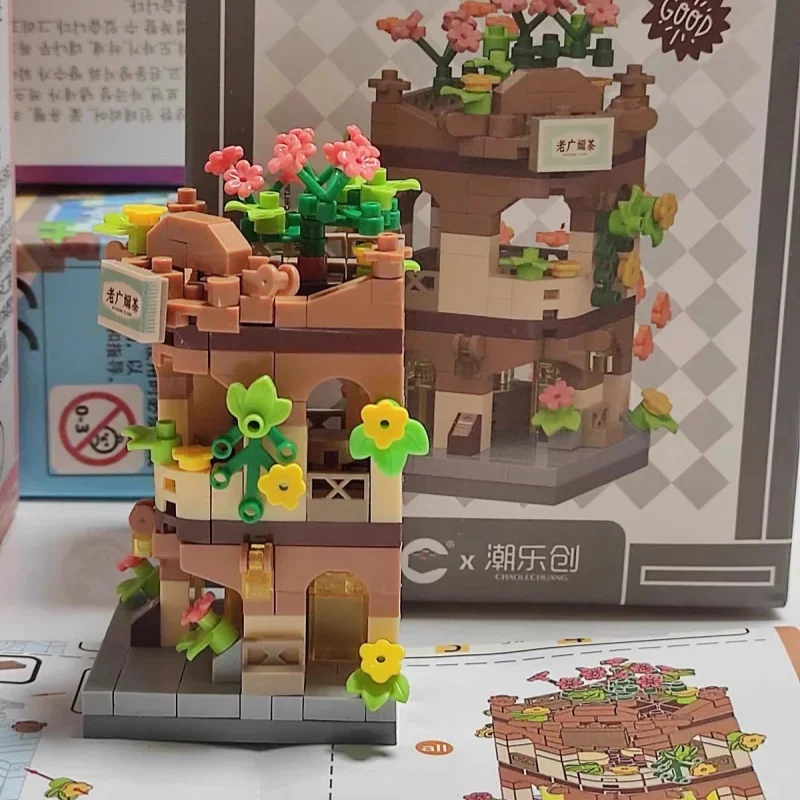 Mini High-rise Street View Building Blocks Rose Windmill Flower Shop Scene Model Desktop Decor Kids Assembly Toy Birthday Gifts