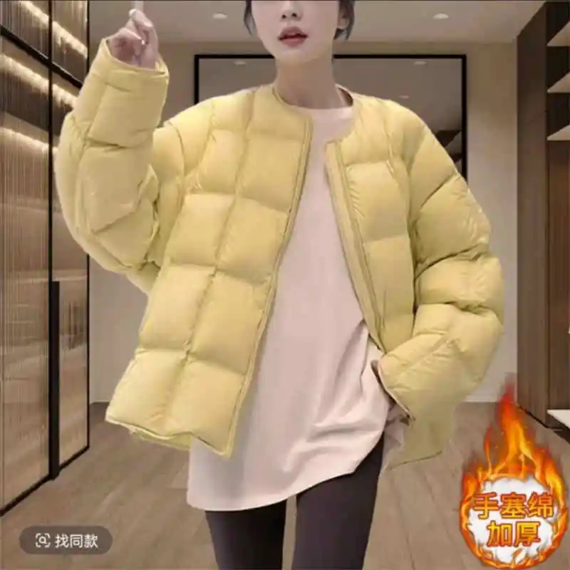 Abrigo de algodón para mujer, edición coreana 2025, nueva chaqueta de Otoño Invierno, Color sólido, cuello redondo, moda, abrigo grueso y cálido, Parka