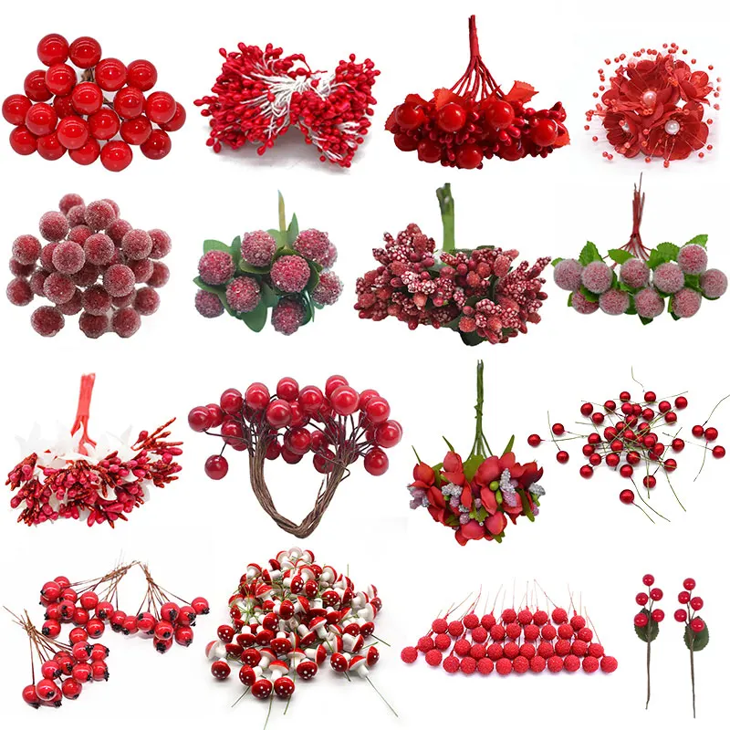 Cheap Red Gold Mixed Hybrid Flower Cherry Stamens Berries Bundle DIY Cake Christmas Wedding Gift Box Wreaths Craft Decoration