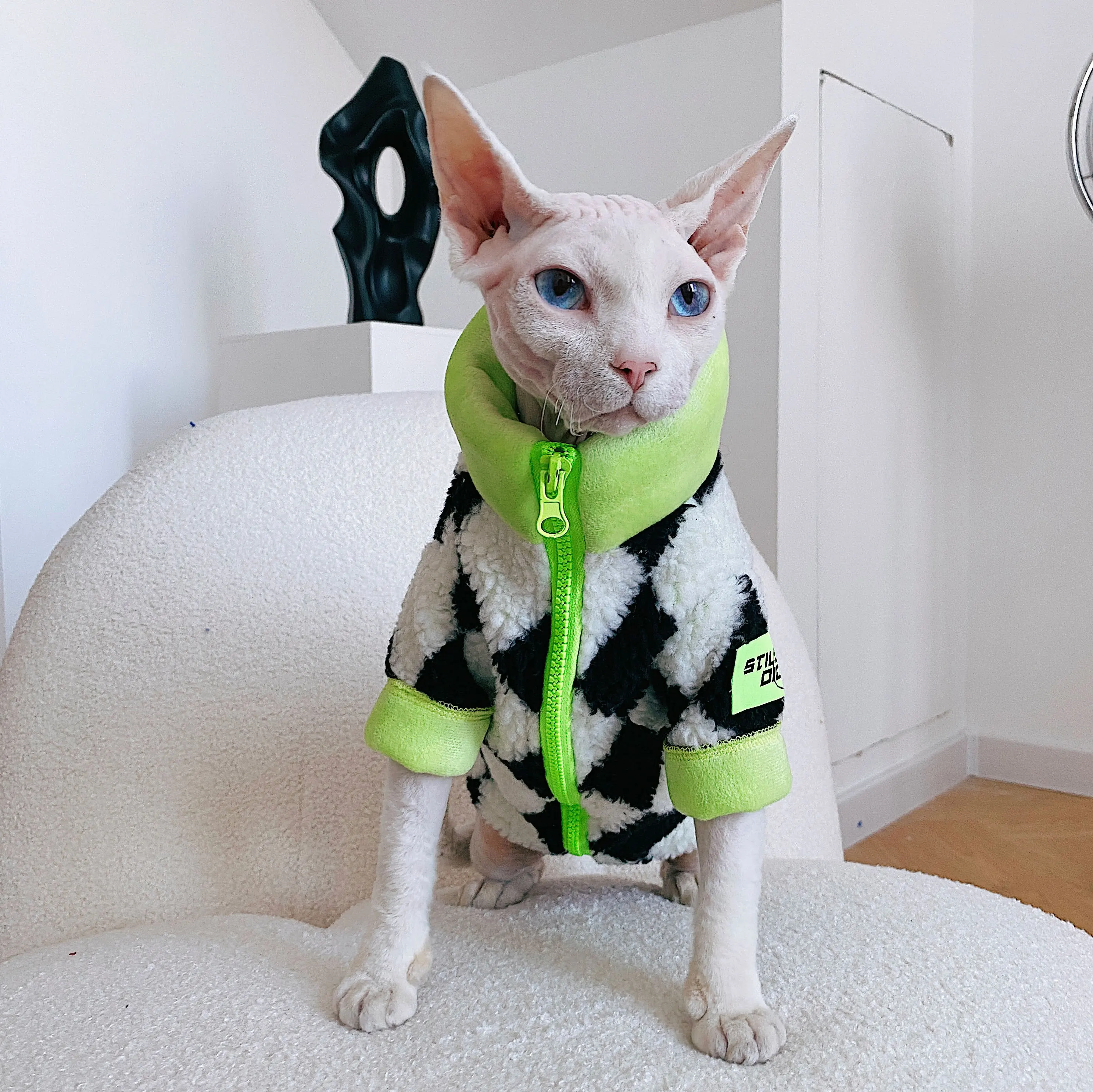 Fashion Fleece Coat for Sphynx Green High Neck Zipper Sweatshirt Jumpsuit for Kittens Plaid Loungewear for Devon Rex Sweater