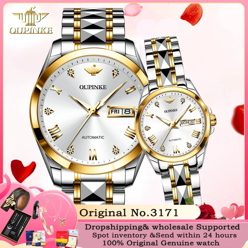 OUPINKE 3171 Luxus Marke Männer Uhr Wolfram Stahl Saphir Spiegel Automatische Mechanische Paar Uhr Armband Set frauen Uhr