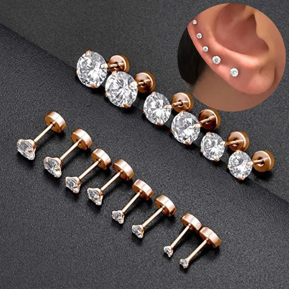 2PC rozmiar 2-10mm 4 kolory Punk ze stali nierdzewnej z cyrkonią kryształowe kolczyki dla mężczyzn kobiet chrząstki Helix Piercing biżuteria