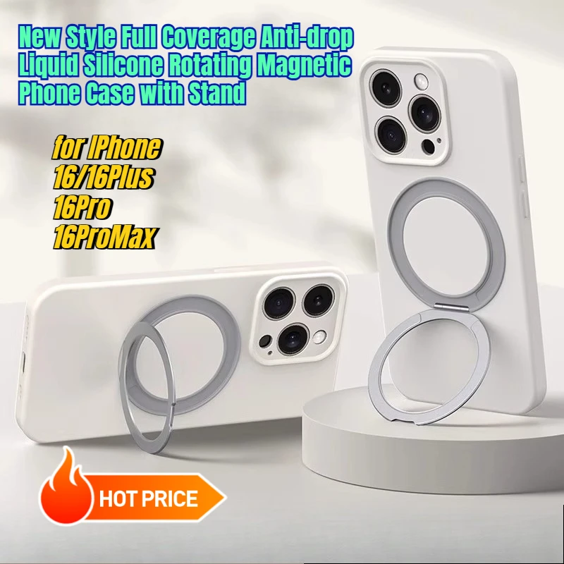 

New Style Full Coverage Anti-drop Liquid Silicone Rotating Magnetic Phone Case with Stand for IPhone 16/16Plus/16Pro/16ProMax