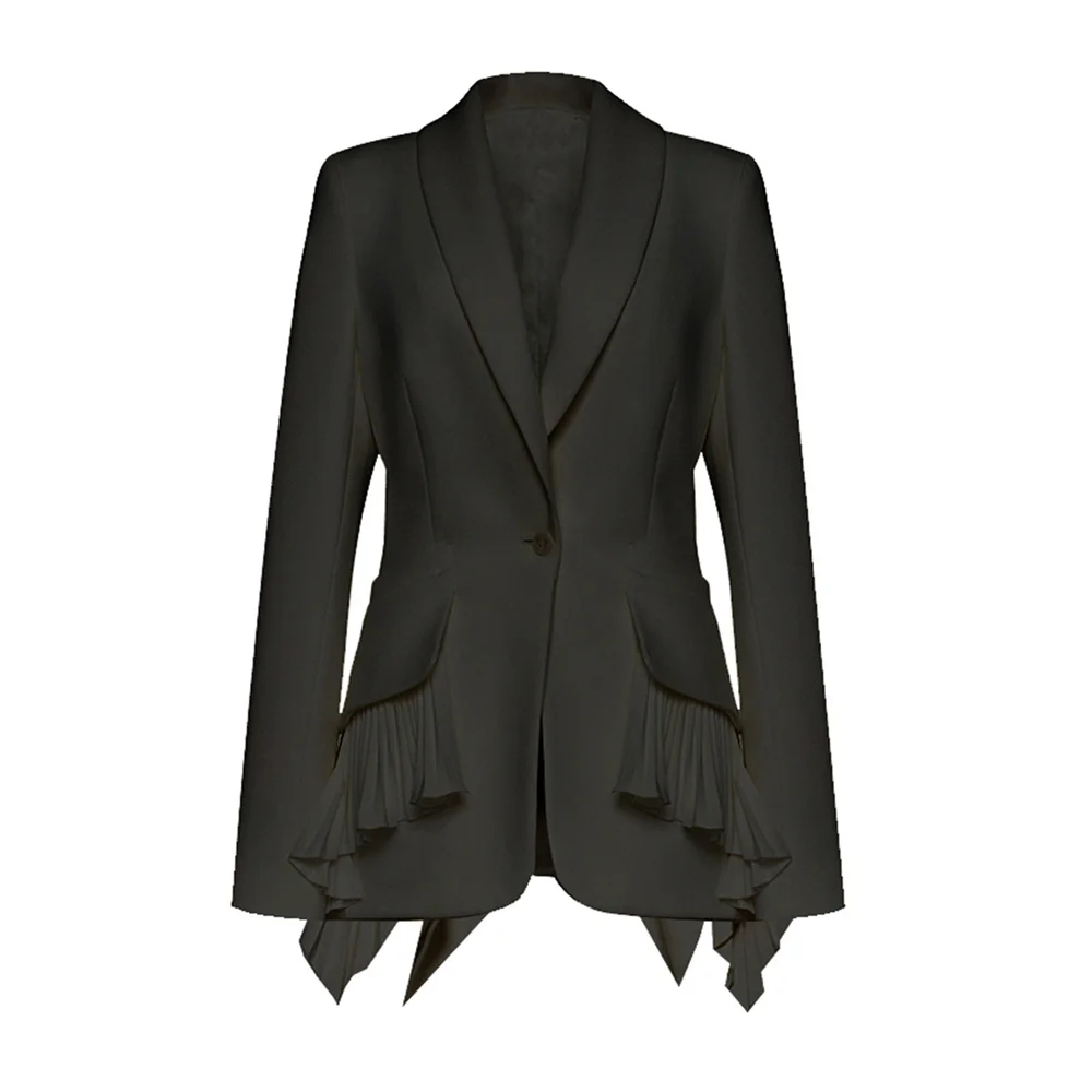 Hemline Splicing Pleated Suit Jacket, Women\'s One Button Suit Blazer, Spring Autumn New Arrival Jacket