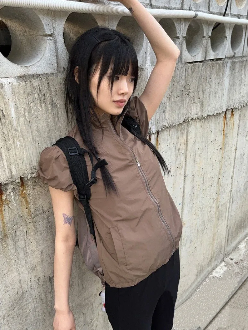 

Kimutomo Jackets Women Stand Collar Short Sleeve Summer New Fashion Vintage Grunge Gothic Coats Y2k Aesthetic Harajuku Ladies