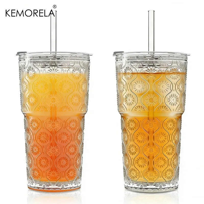 Vaso de vidrio de 600 ml con diseño de flor de begonia, 1/2 unidades, vasos de vidrio grueso con tapas y pajitas de vidrio para café helado, batidos, leche y agua
