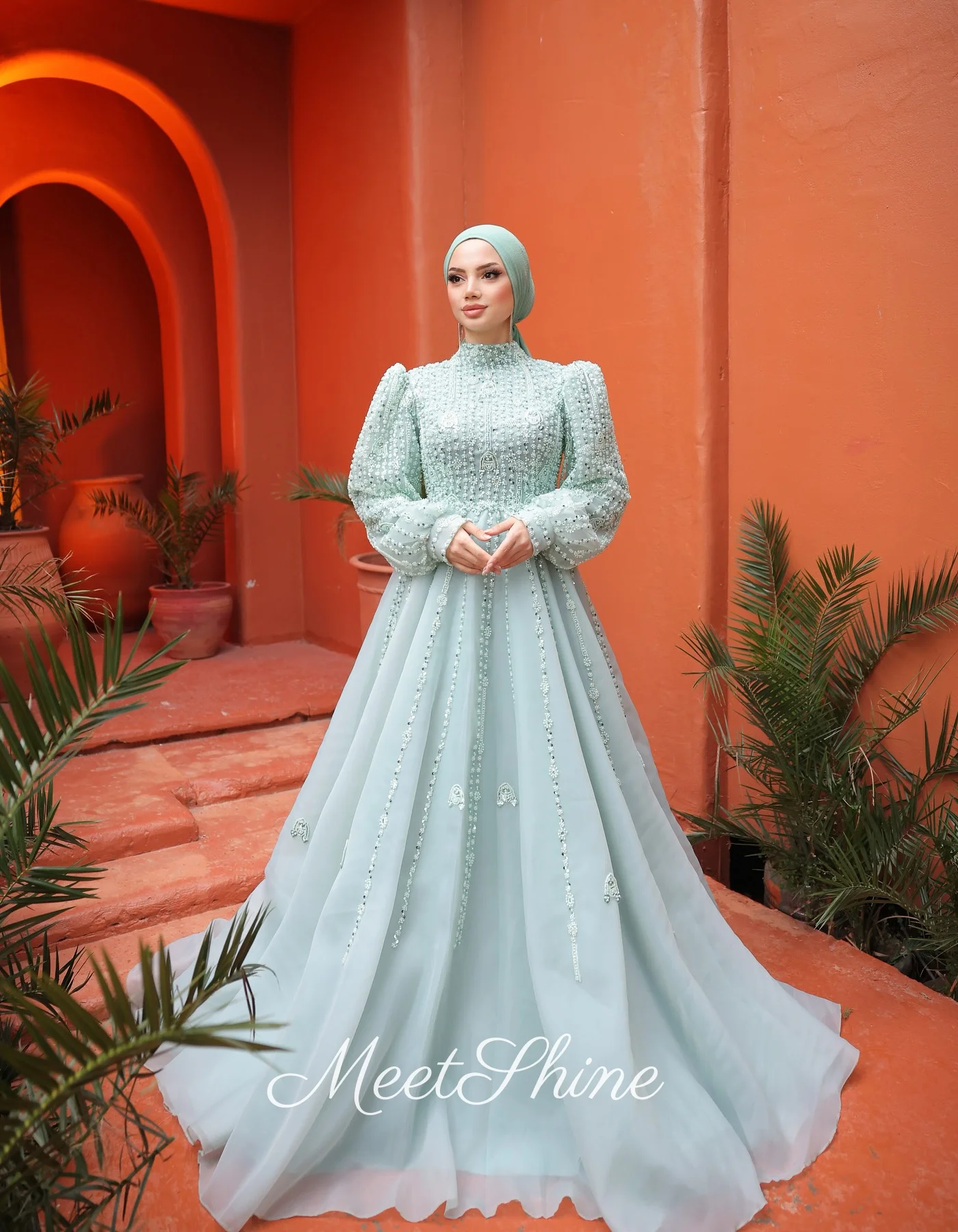 Luxury Mint Green High Neck A-Line Tulle Prom Dresses Elegant Beading Pearls Long Sleeves Evening Dresses for Women Customized