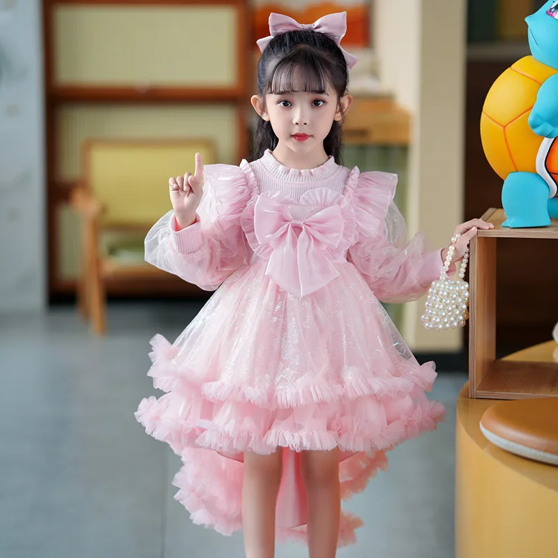 2023 Autumn Winter Girls' Performance Dress Sweet Bow Small Tail Long Sleeve Birthday Princess Ball Gown Flower Girls Dresses