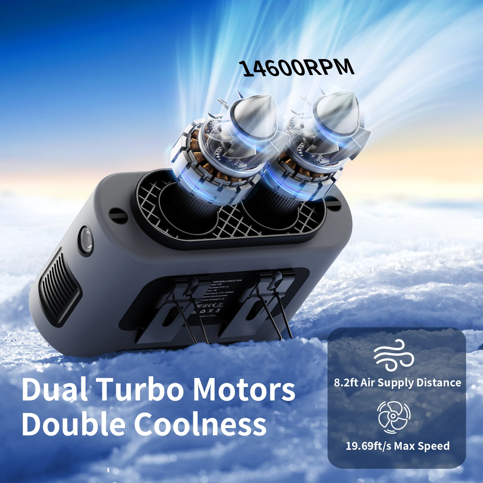 Socoolfan 14500mAh Outdoor Fan Portable Waist Hanging Neck Strong Dual Air Vents Fans for Travel Sports Courier Outdoor Working