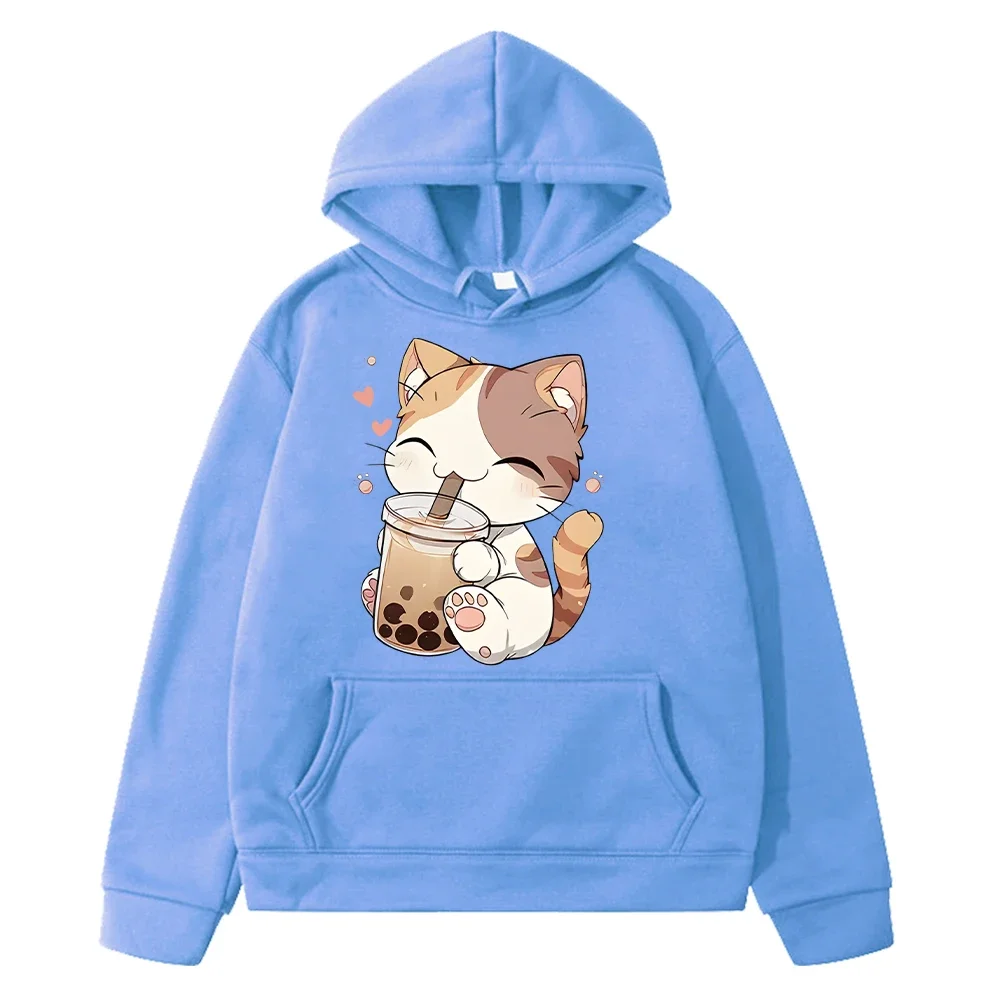 Cute Cat And Bubble Tea Print anime hoodie Fleece Sweatshirt y2k sudadera pullover boy jacket Kawaii Hoodies kids clothes girls