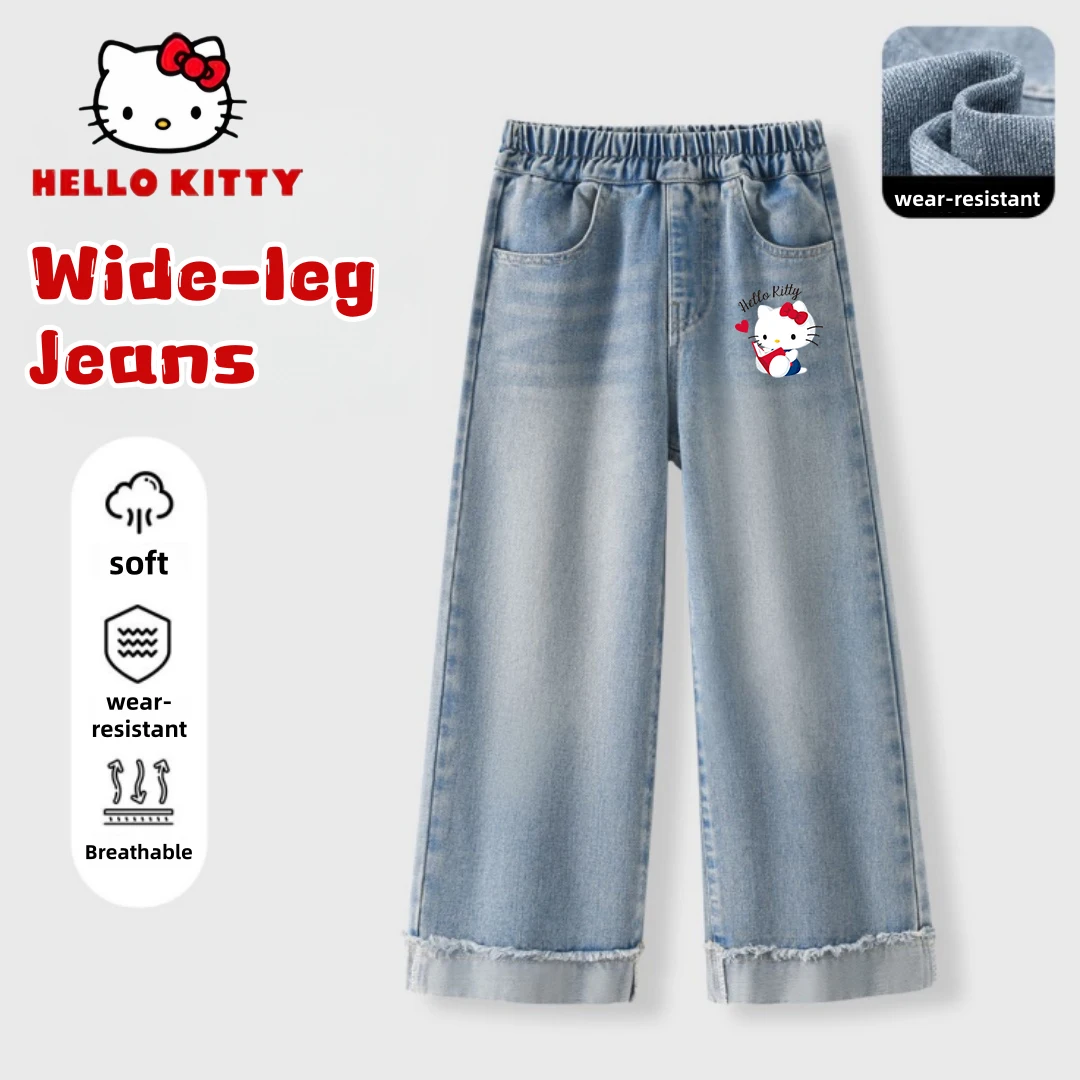 

Hello Kitty Kids Lightweight Breathable Jeans Girls Stylish Sweet Cute Denim Pants Elastic Waistband Soft Comfortable Jeans