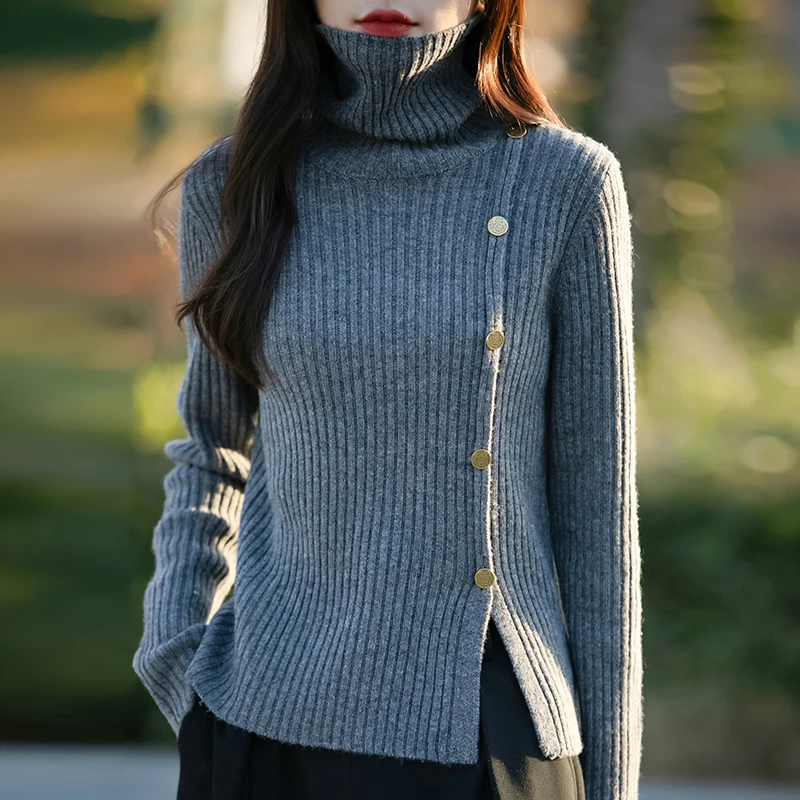 Autumn/Winter Women's Cashmere Sweater Fashion High Collar Sweater Drawstring Cashmere Sweater with Buckle Knitted pullover