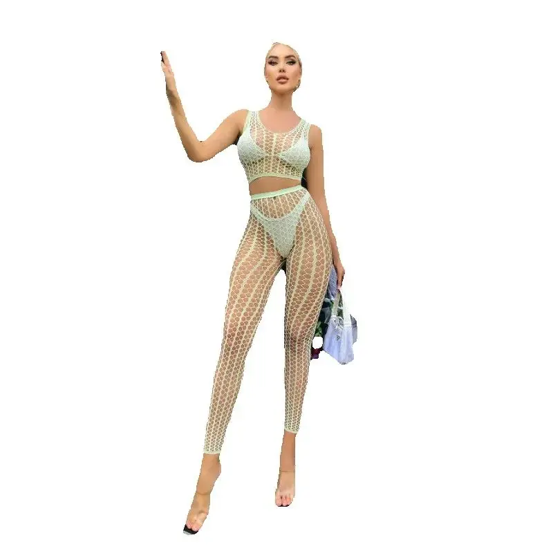 

Европейские и американские женщины соблазнеют с флуоресцентным зеленым ночником для флирта и ажурным нижним бельем из двух частей для рыболовной сети