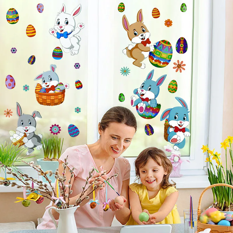 Easter Colourful Egg Window Sticker Cute Rabbit Sticker Happy Easter Party Decoration Kids Gift Supplies