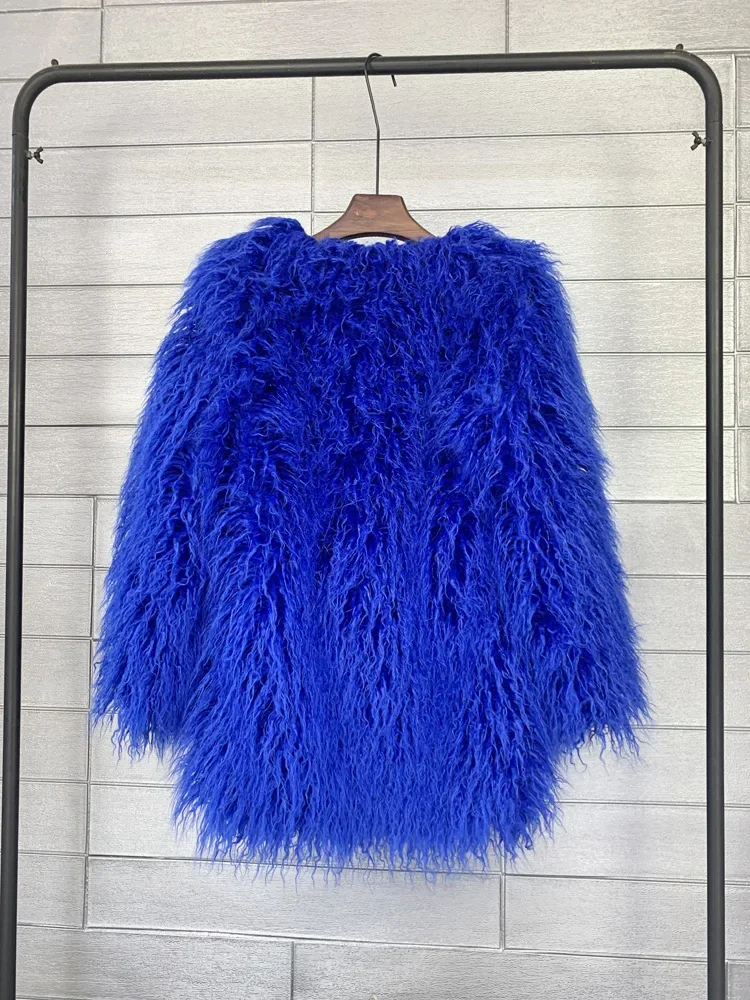 Mongolia Sheep Fur Women Medium Long Coat Jacket Colorful Warm Faux Fur Plush Coats Female Jacket Autumn Winter Furry Outerwear