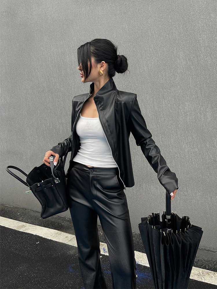 Black Spicy Girl PU Leather Jacket Women's 2024 Autumn New Slim Zipper Long Sleeve Cardigan Top Leather & Suede Fashion BRQ8