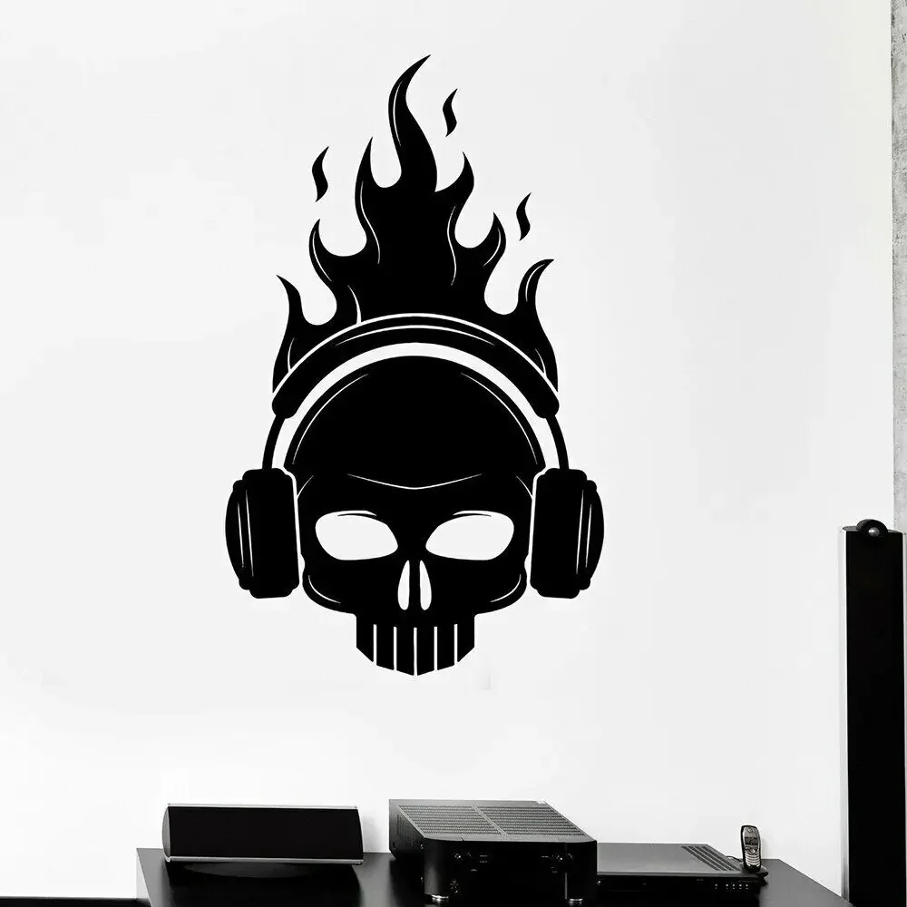 Calcomanía de vinilo con calavera para decoración de pared, calcomanía Musical de fuego para habitación de niños, zona de juego, carteles extraíbles, P302