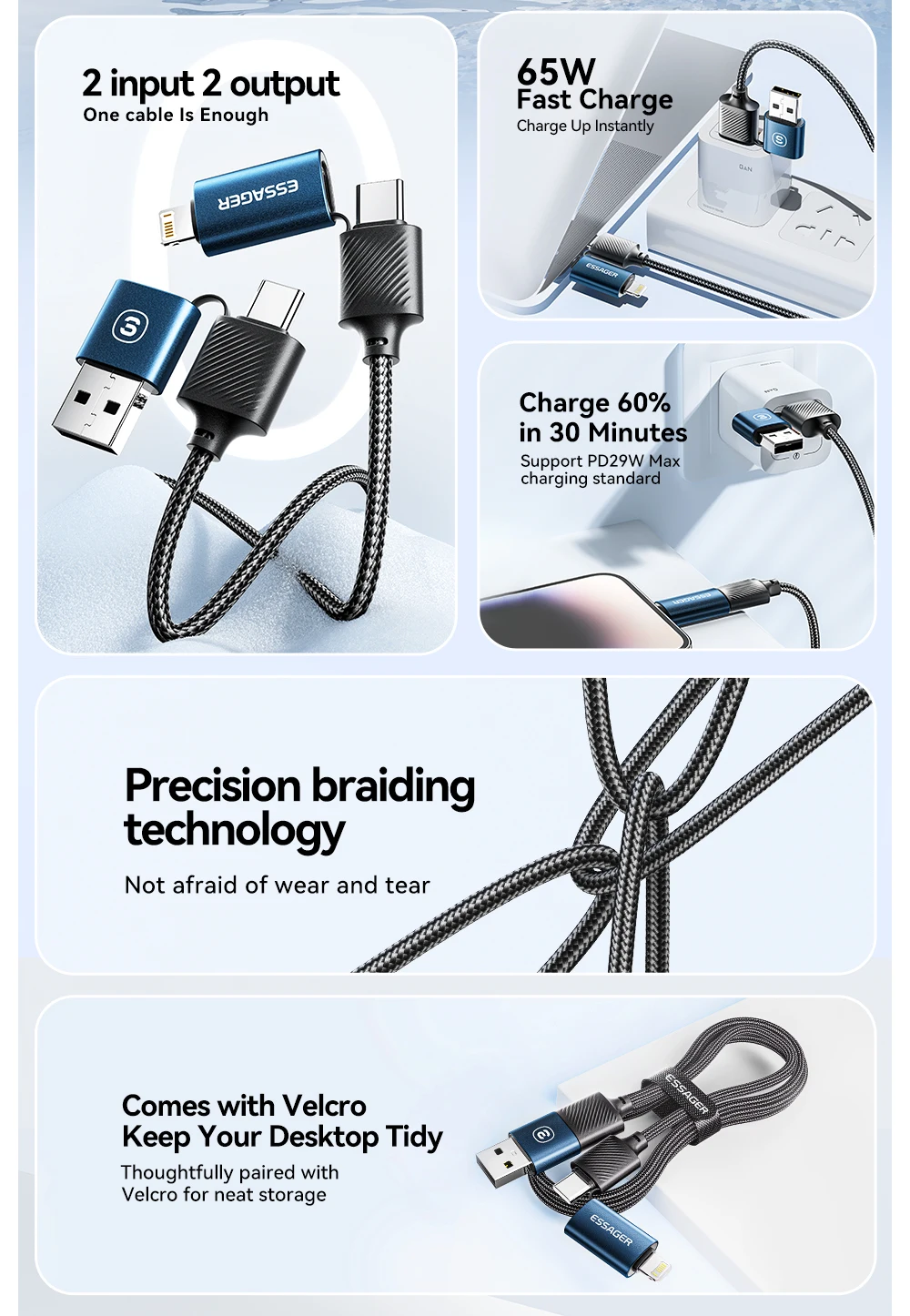 Essager 4 in 1 65W USB C To Type C Lightning Fast Charging Cable For IPhone 15 14 13 Pro Max Xiaomi Huawei Multi Charger Cable