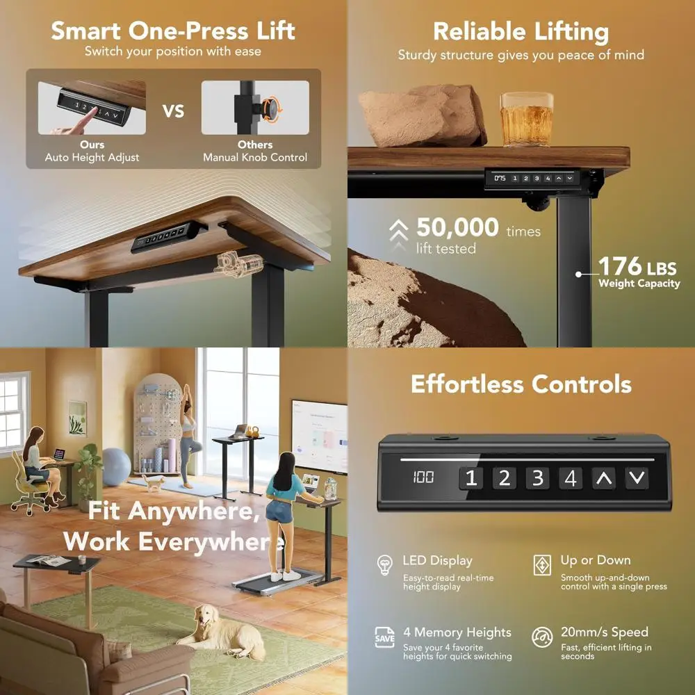 32 Adjustable Height Electric Standing Desk, 4 Memory Settings, Home Office Sit-Stand Desk, Black Walnut