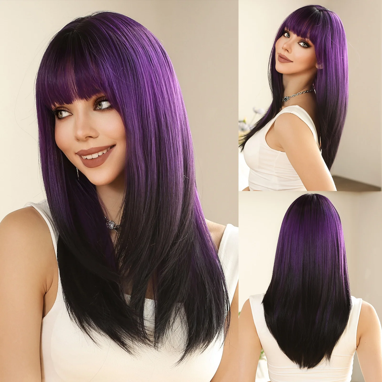 Straight Layered Synthetic Wigs Purple Black Ombre Wig with Bangs Middle Length Colored Cosplay Wig for Women Heat Resistant Wig